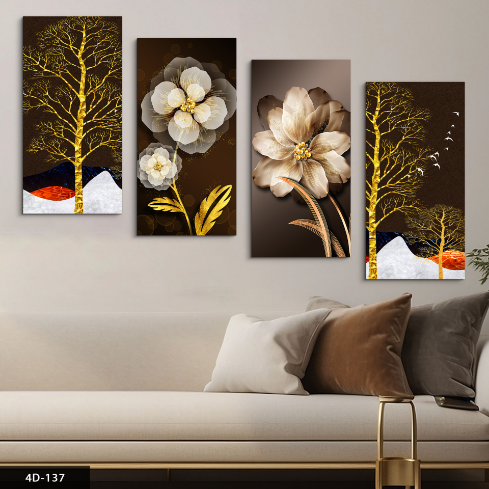 Çiçek Gold Ağaç 4 Parça Mdf Tablo