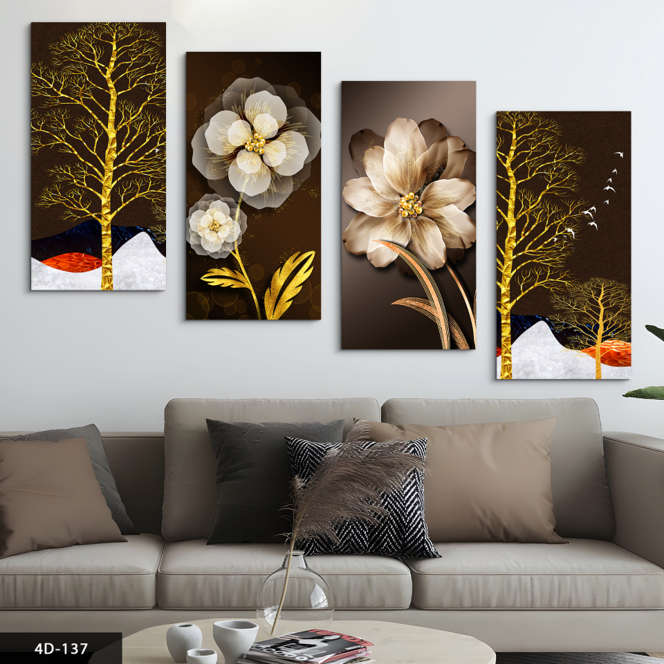 Çiçek Gold Ağaç 4 Parça Mdf Tablo