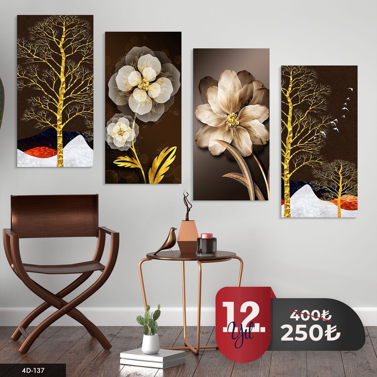 Çiçek Gold Ağaç 4 Parça Mdf Tablo