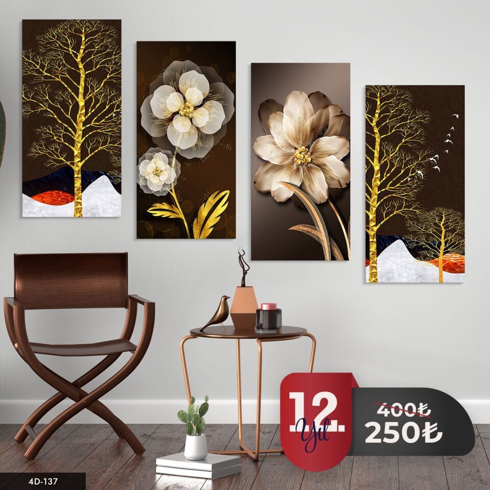 Çiçek Gold Ağaç 4 Parça Mdf Tablo