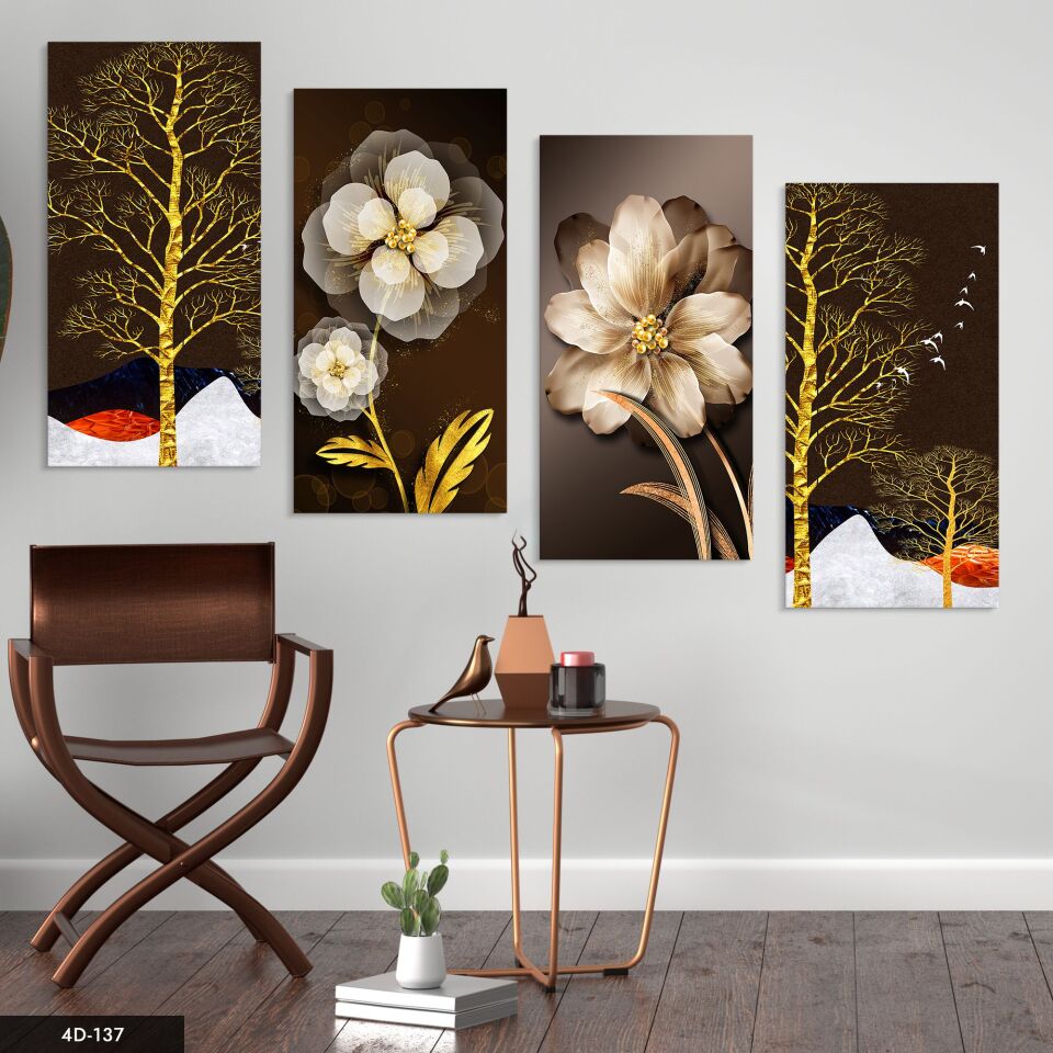 Çiçek Gold Ağaç 4 Parça Mdf Tablo