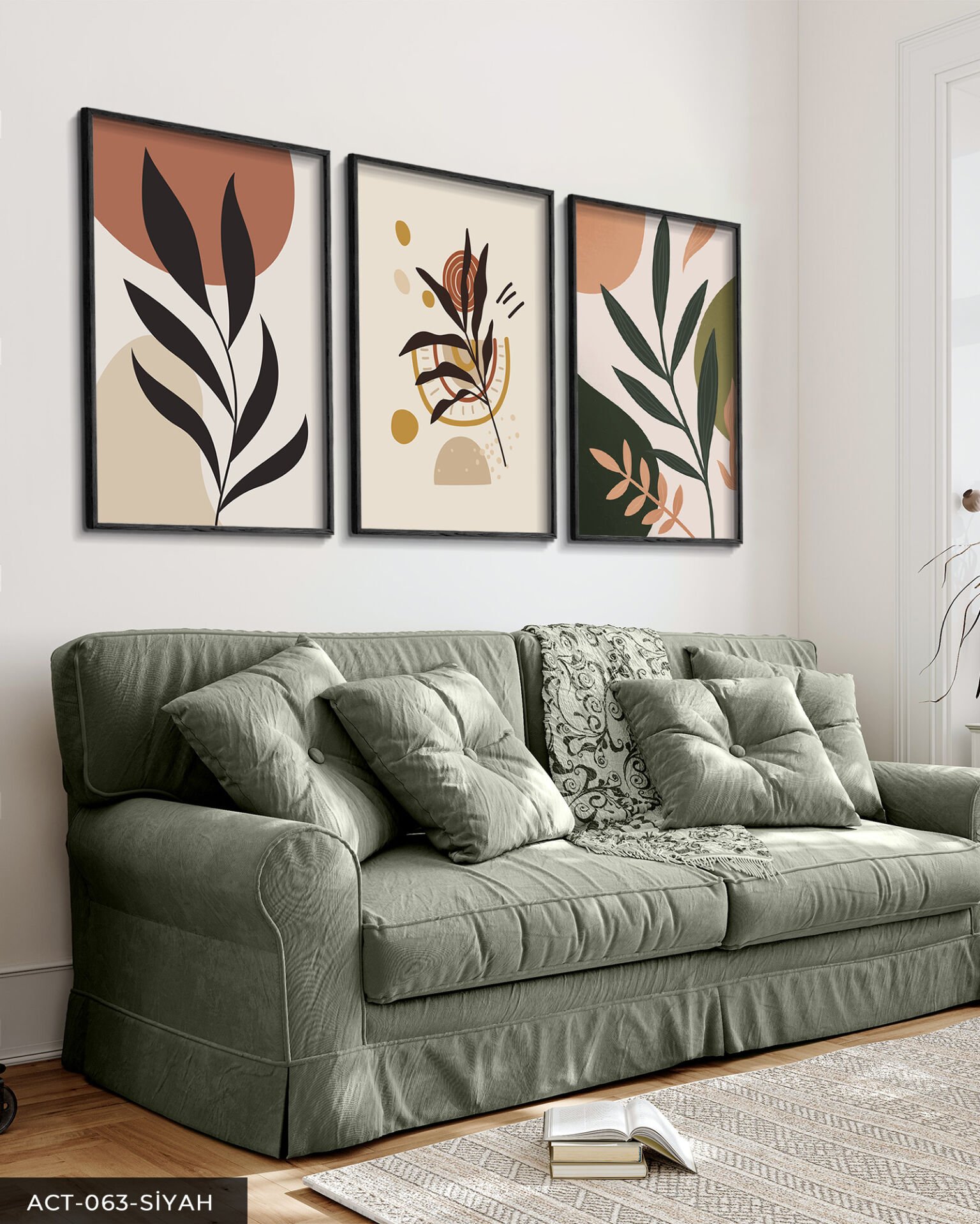 Çiçek Yaprak 3 Parça Ahşap Çerçeveli Tablo Siyah - 50 x 70 CM