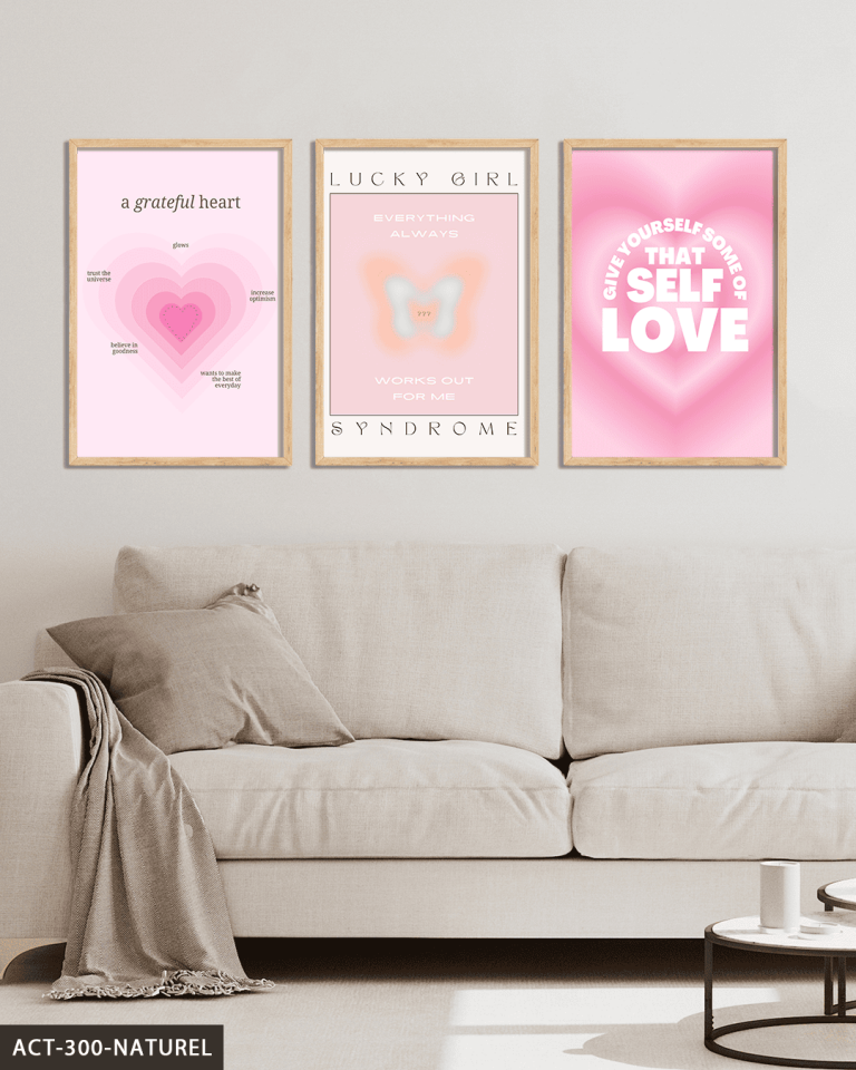 Kalp Temalı 3 Parça Ahşap Çerçeveli Tablo ACT Naturel - 40 x 60 CM