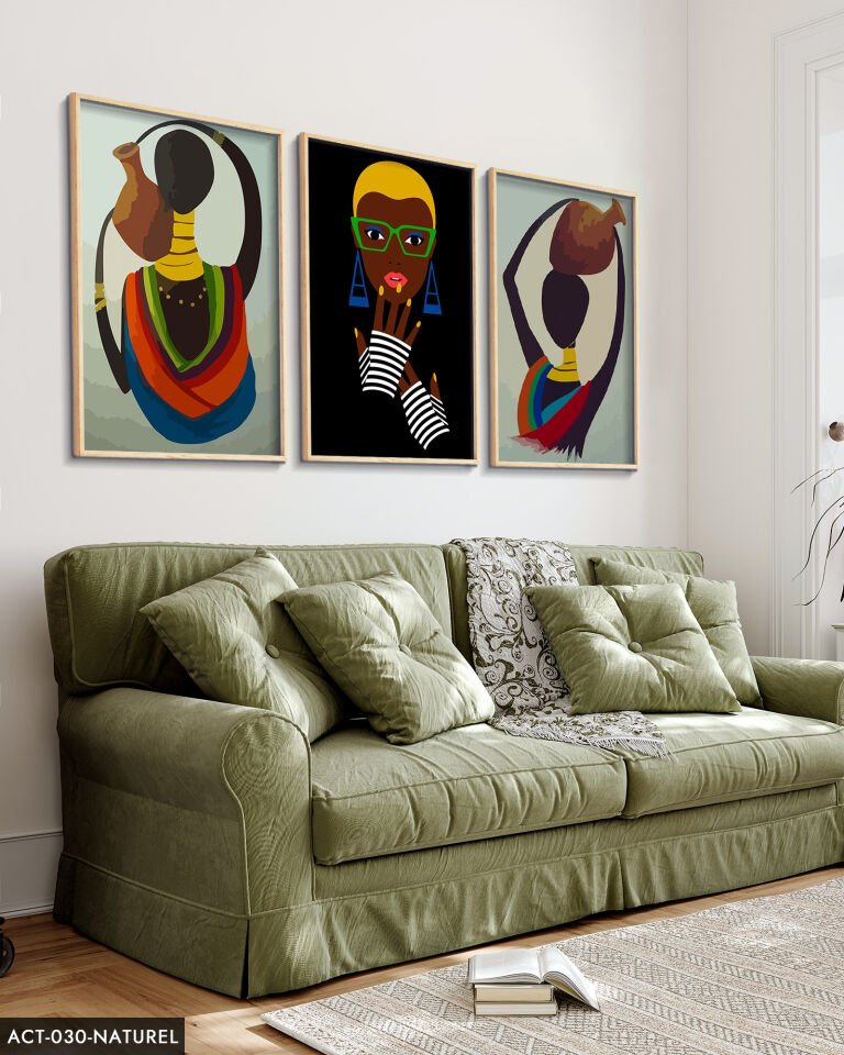 Etnik Afrikalı Kadınlar 3 Parça Ahşap Çerçeveli Tablo ACT Naturel - 40 x 60 CM