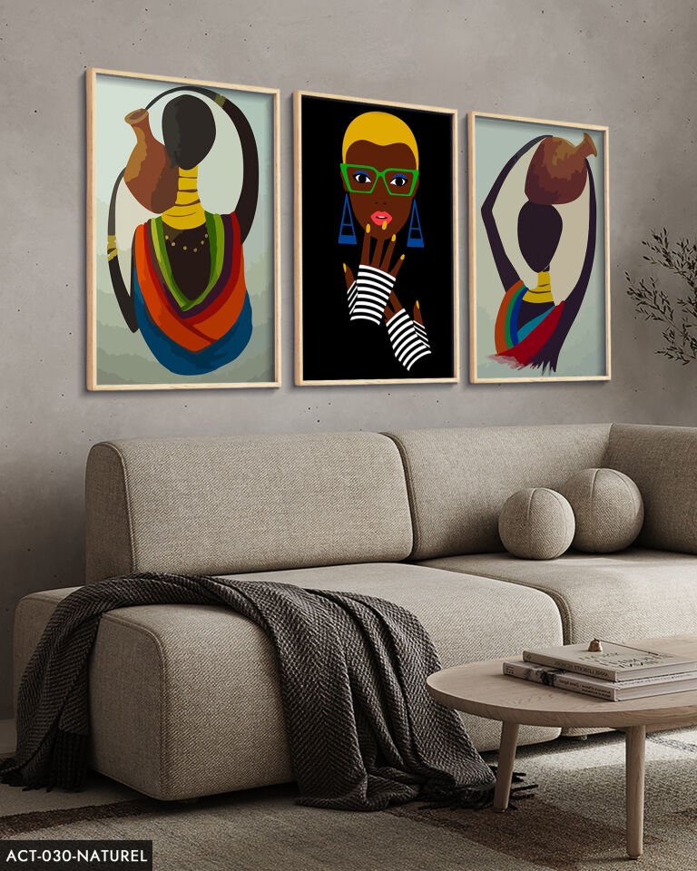 Etnik Afrikalı Kadınlar 3 Parça Ahşap Çerçeveli Tablo ACT Naturel - 40 x 60 CM