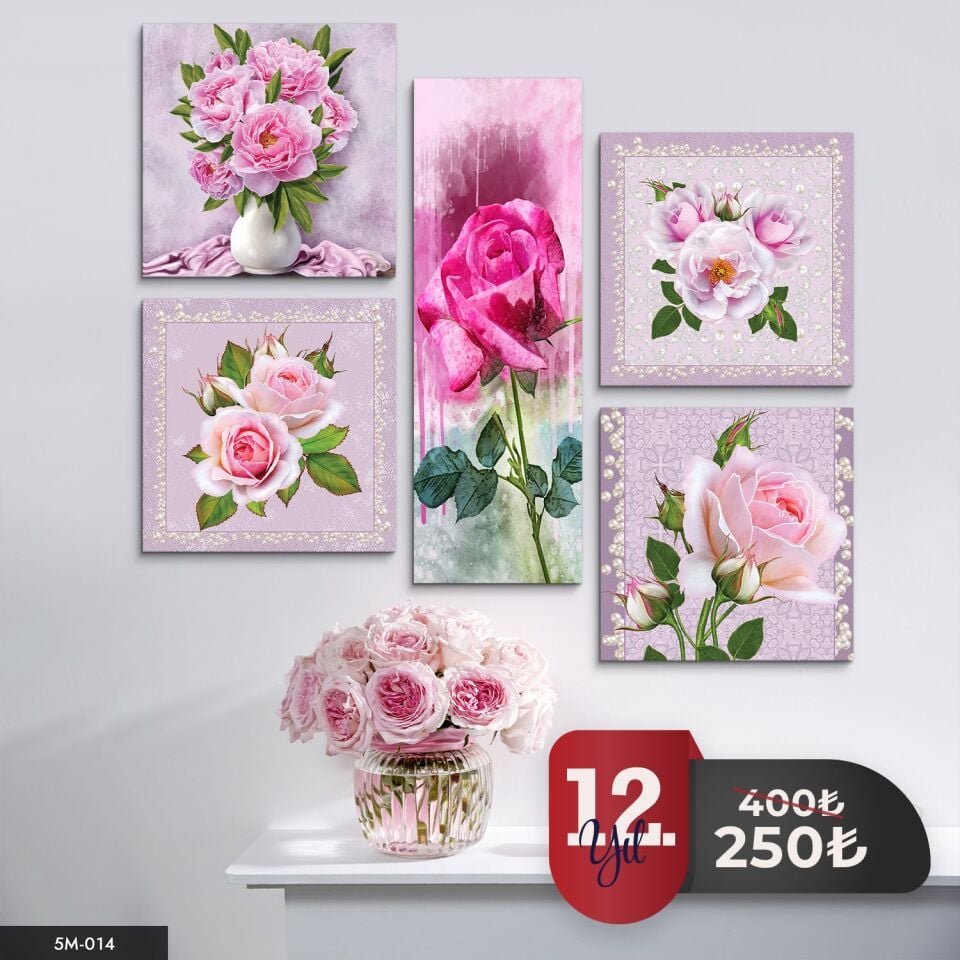 Pembe Güller ve İnci 5 Parça Mdf Tablo