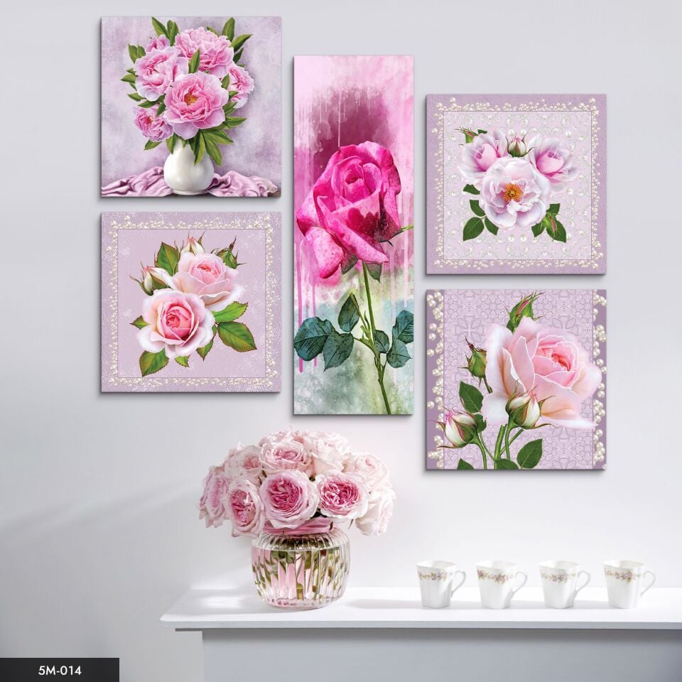 Pembe Güller ve İnci 5 Parça Mdf Tablo