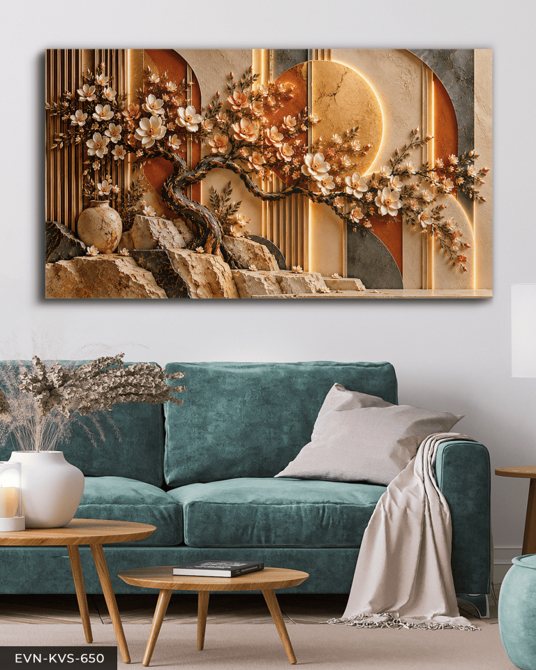 Çiçek Açan Ağaç ve Yuvarlak Desenler Tek Parça Kanvas - Canvas Tablo