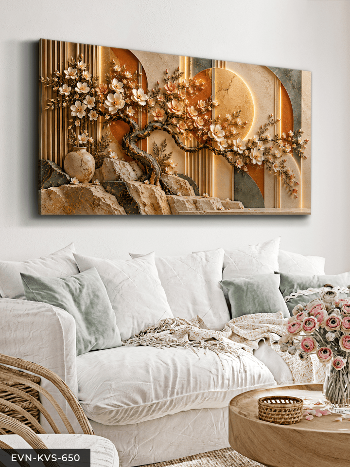 Çiçek Açan Ağaç ve Yuvarlak Desenler Tek Parça Kanvas - Canvas Tablo