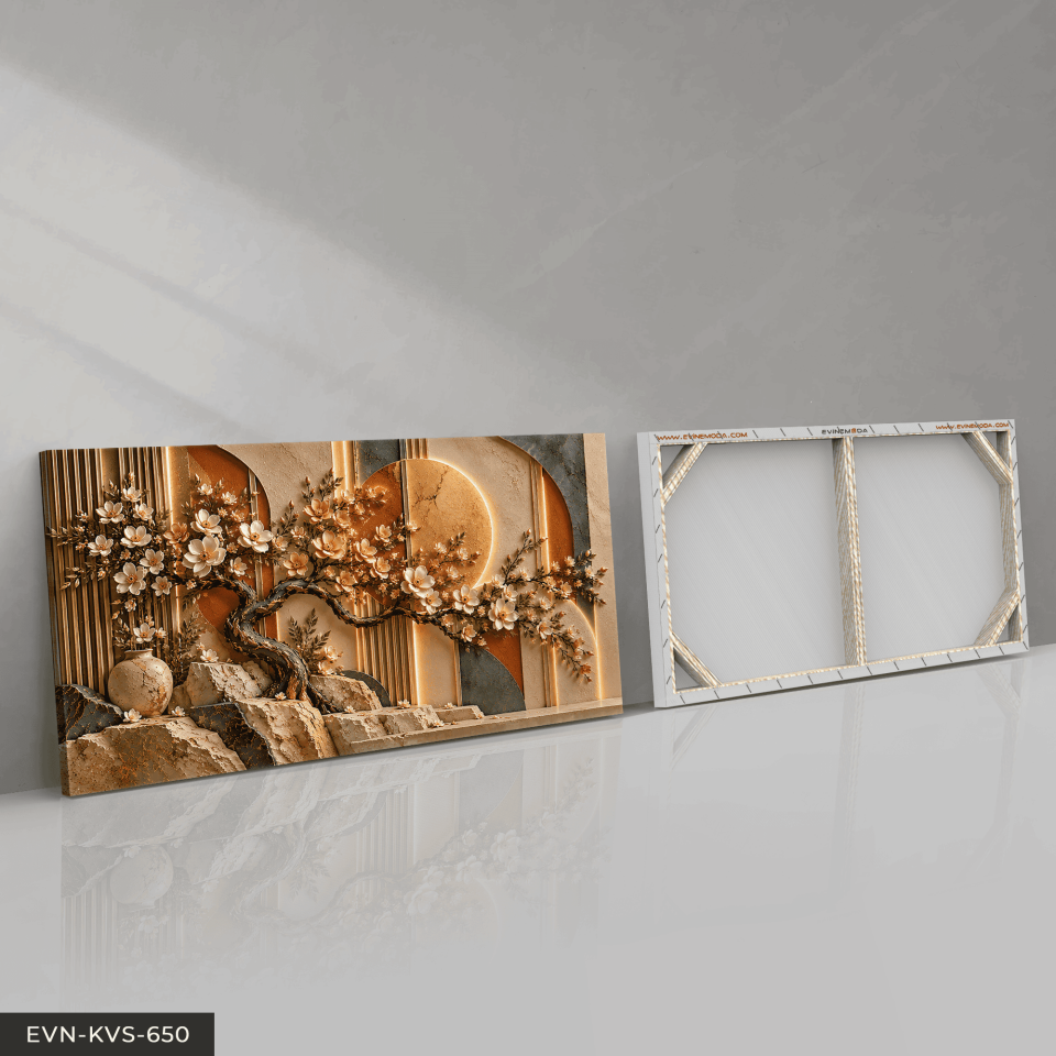 Çiçek Açan Ağaç ve Yuvarlak Desenler Tek Parça Kanvas - Canvas Tablo