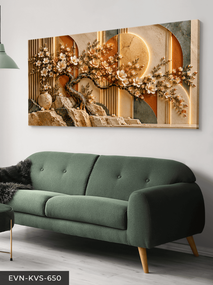 Çiçek Açan Ağaç ve Yuvarlak Desenler Tek Parça Kanvas - Canvas Tablo