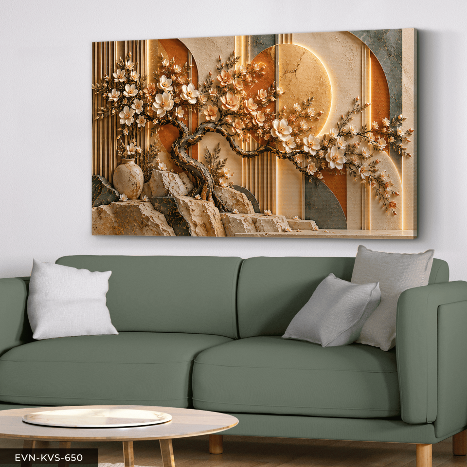 Çiçek Açan Ağaç ve Yuvarlak Desenler Tek Parça Kanvas - Canvas Tablo