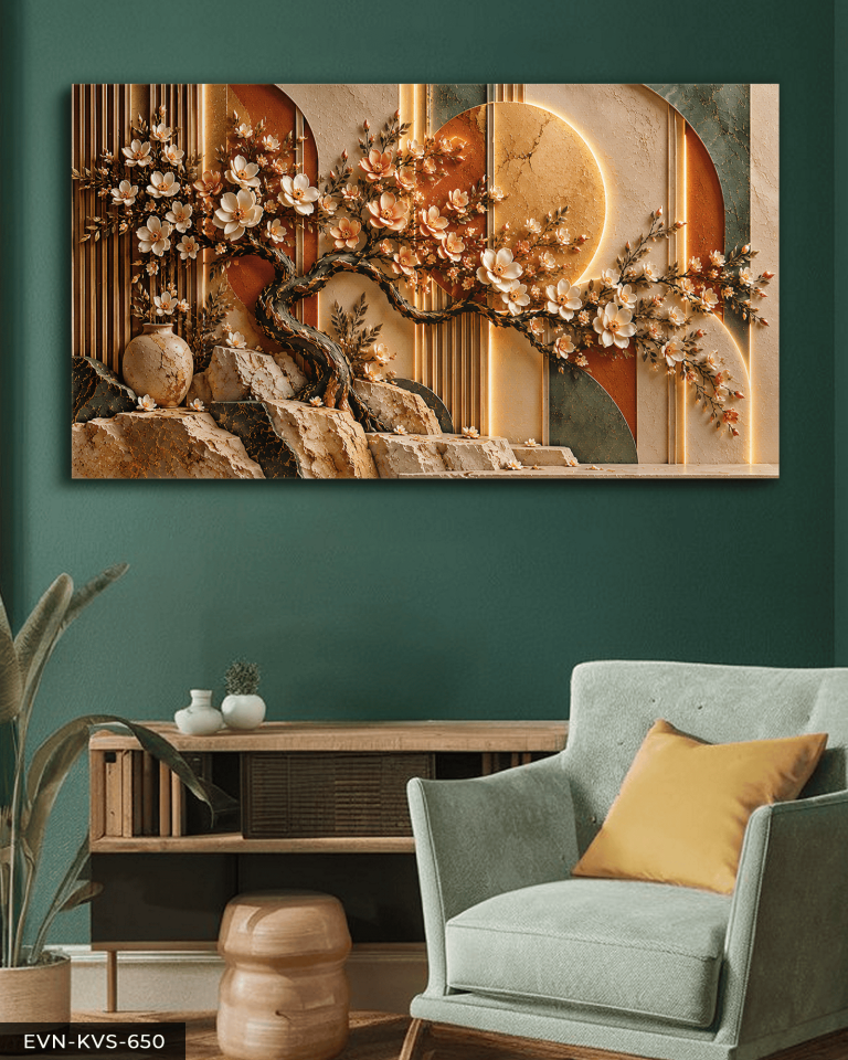 Çiçek Açan Ağaç ve Yuvarlak Desenler Tek Parça Kanvas - Canvas Tablo