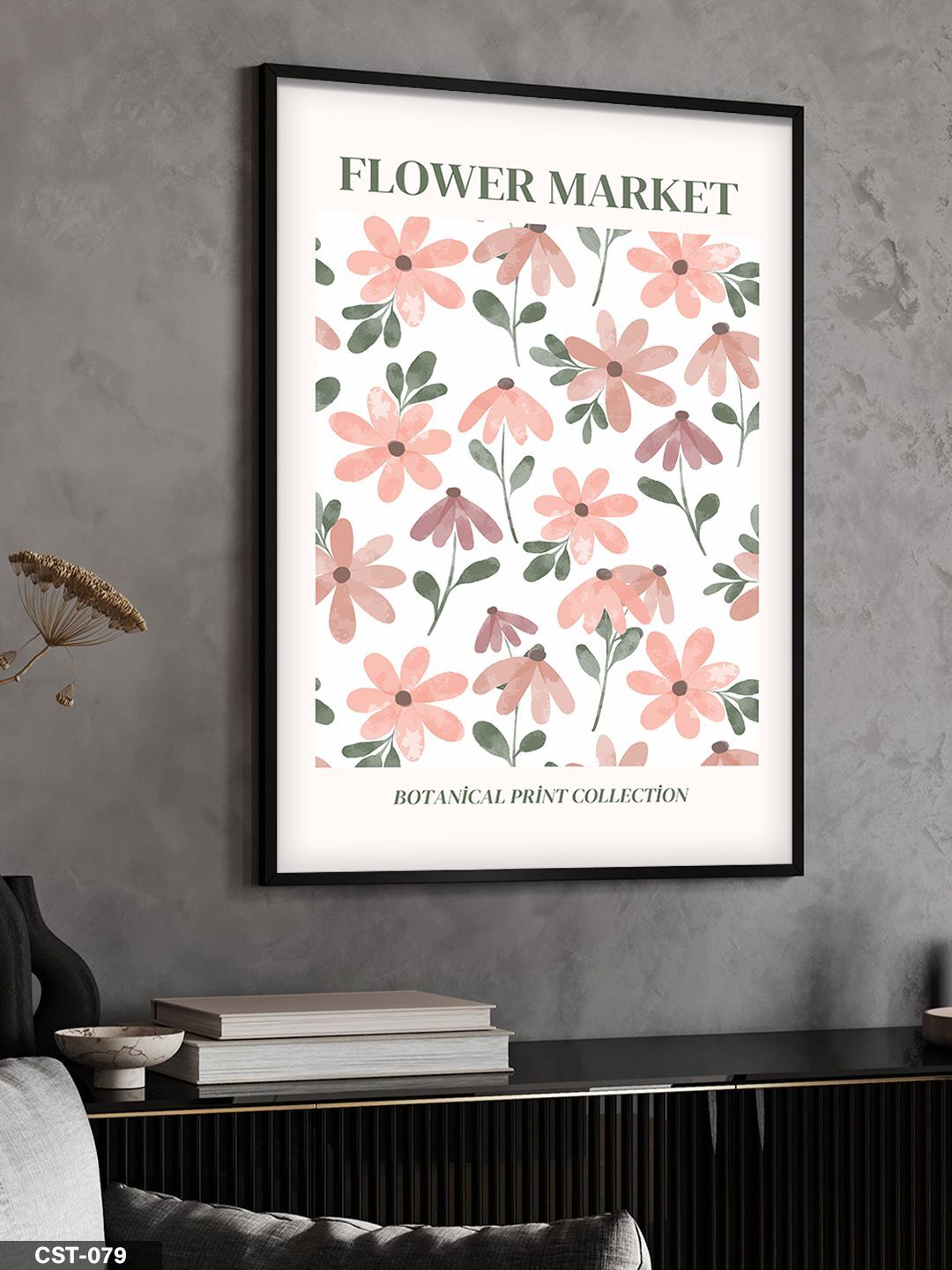 Çiçek Pazarı Flower Market Yazılı Tek Parça Ahşap Çerçeveli Tablo Siyah - 40 x 60 CM