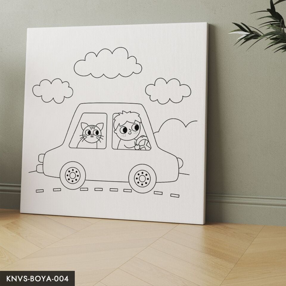 Kedi ve Çocuk Araba Çocuklara Özel 20x20 CM Kanvas Tuval Boyama Seti Fırça Boya Dahildir