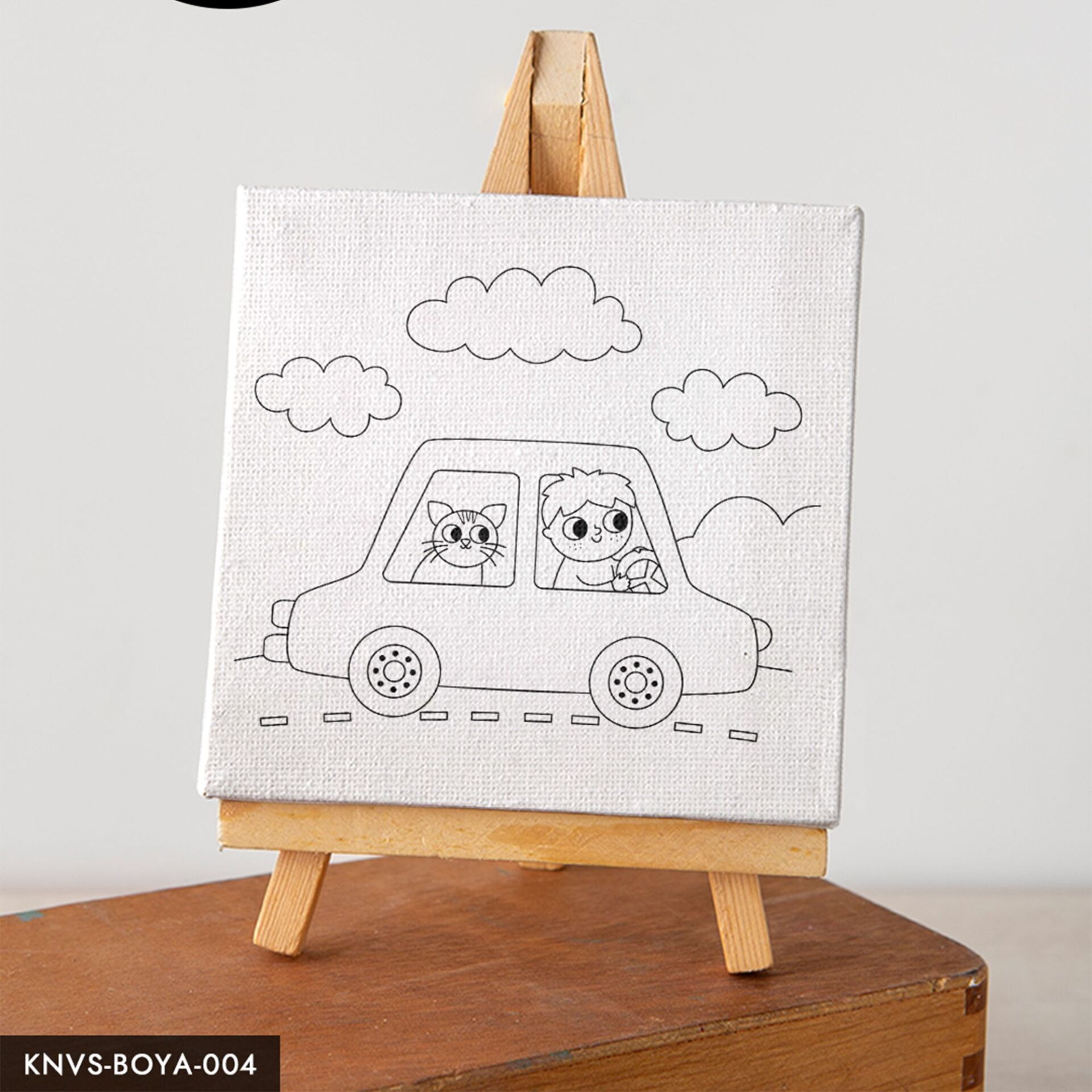 Kedi ve Çocuk Araba Çocuklara Özel 20x20 CM Kanvas Tuval Boyama Seti Fırça Boya Dahildir