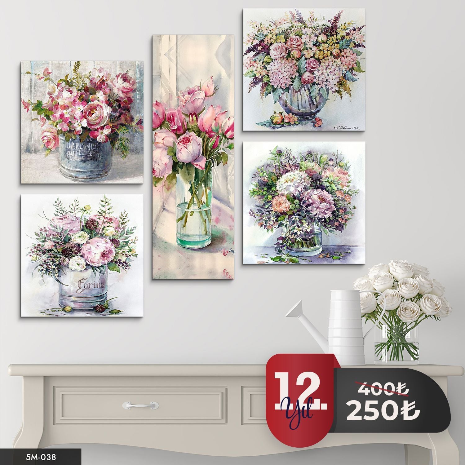 Vazoda Çiçekler 5 Parça Mdf Tablo