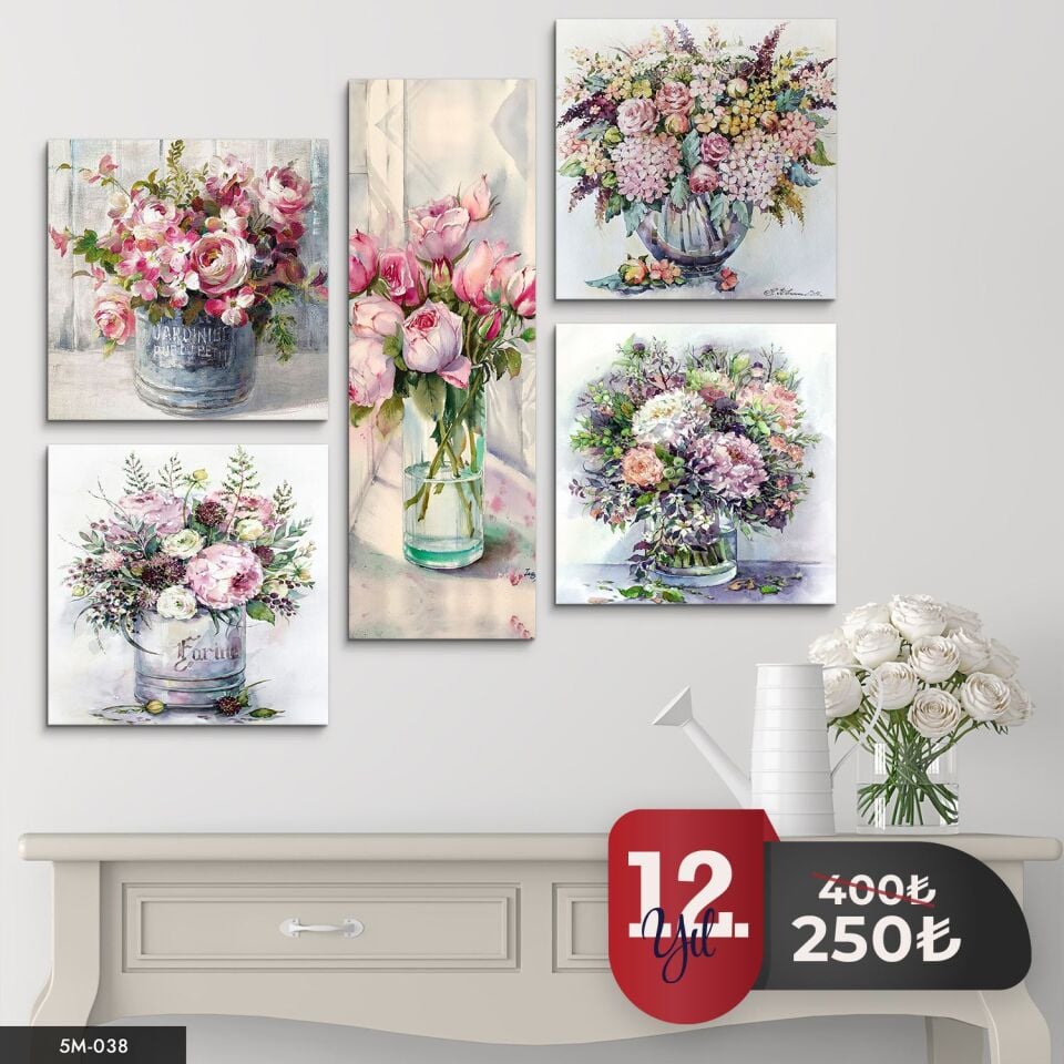 Vazoda Çiçekler 5 Parça Mdf Tablo