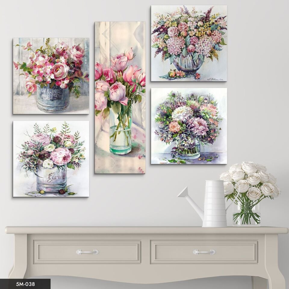 Vazoda Çiçekler 5 Parça Mdf Tablo