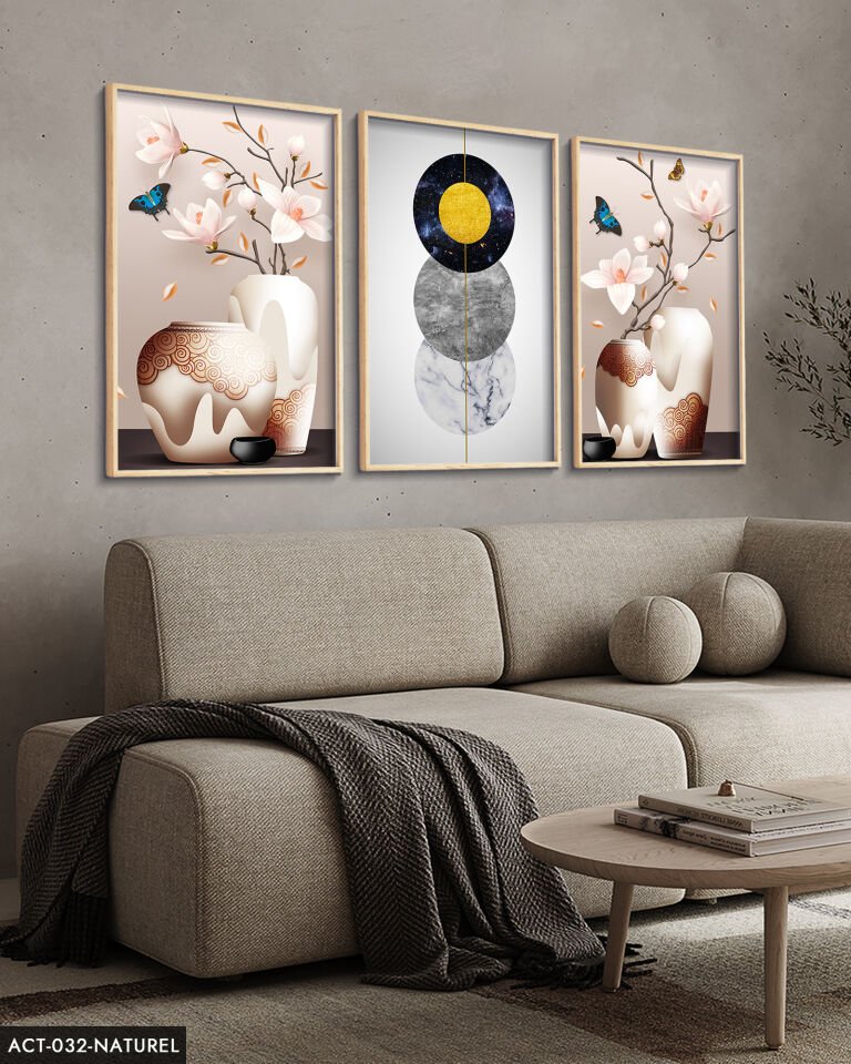 Vazoda Çiçekler 3 Parça Ahşap Çerçeveli Tablo ACT Naturel - 40 x 60 CM