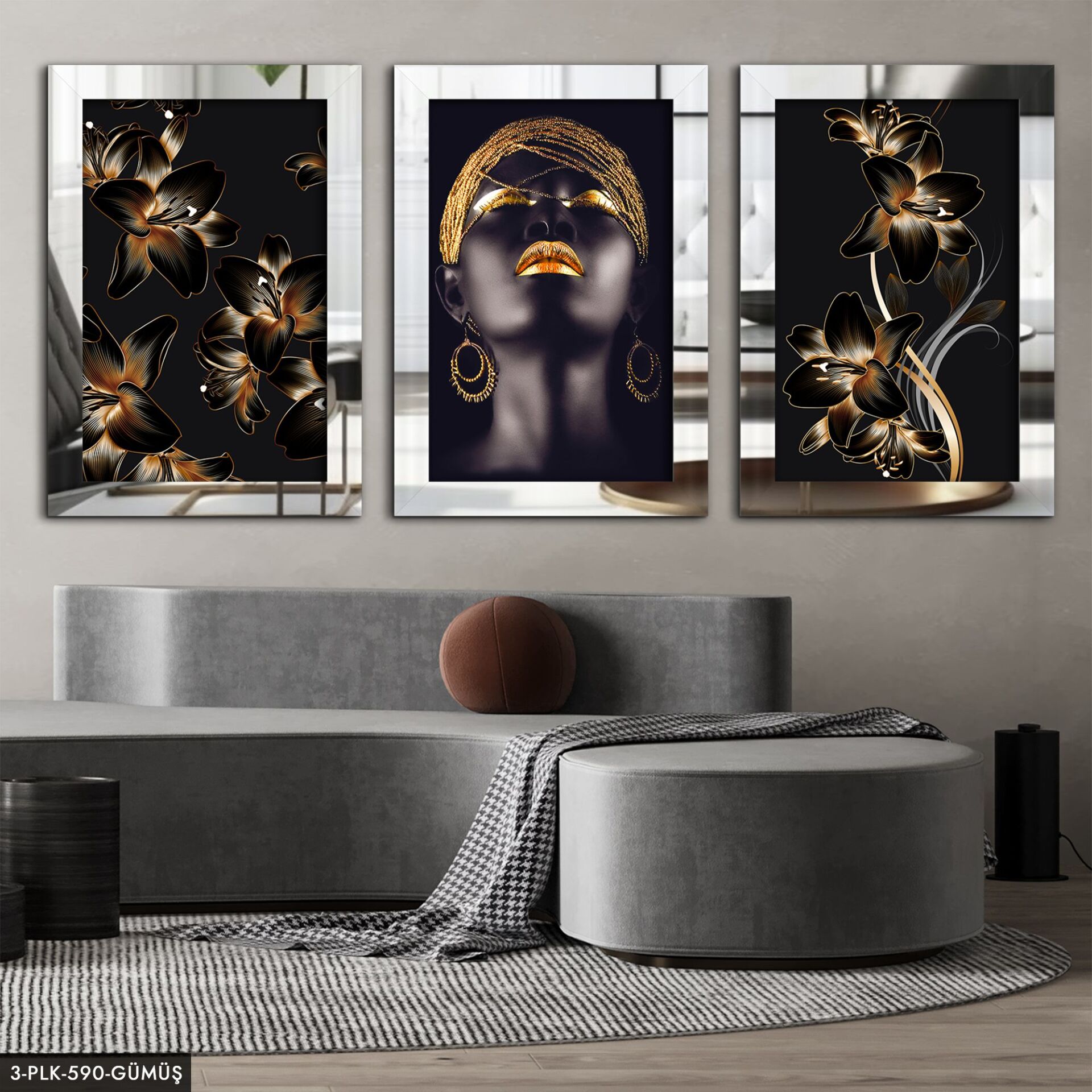 Afrikalı Kadın Çiçek 3 Parça Pleksi Aynalı Tablo 20 x 30 CM - Gümüş