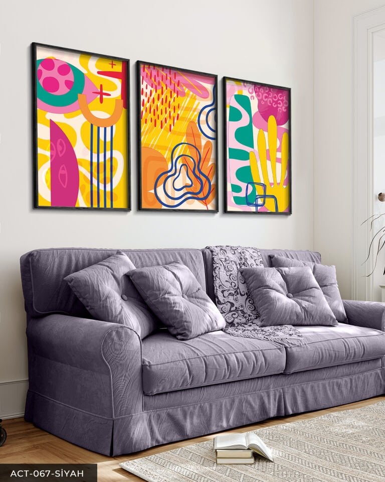 Rengarenk Desenler 3 Parça Ahşap Çerçeveli Tablo Siyah - 50 x 70 CM