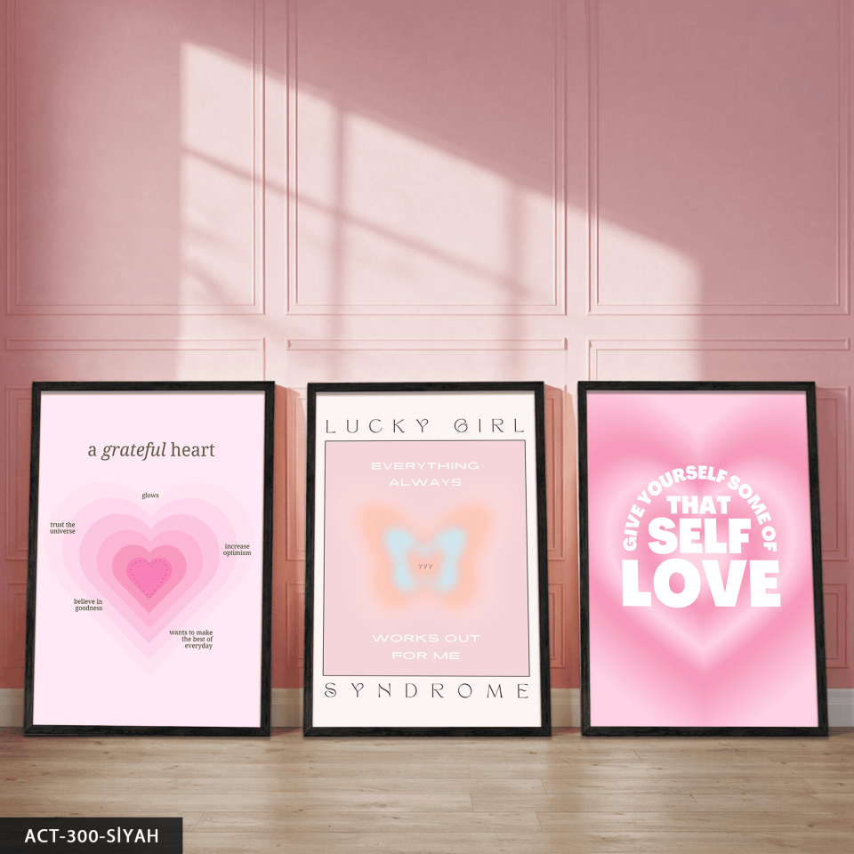Kalp Temalı 3 Parça Ahşap Çerçeveli Tablo ACT Siyah - 40 x 60 CM
