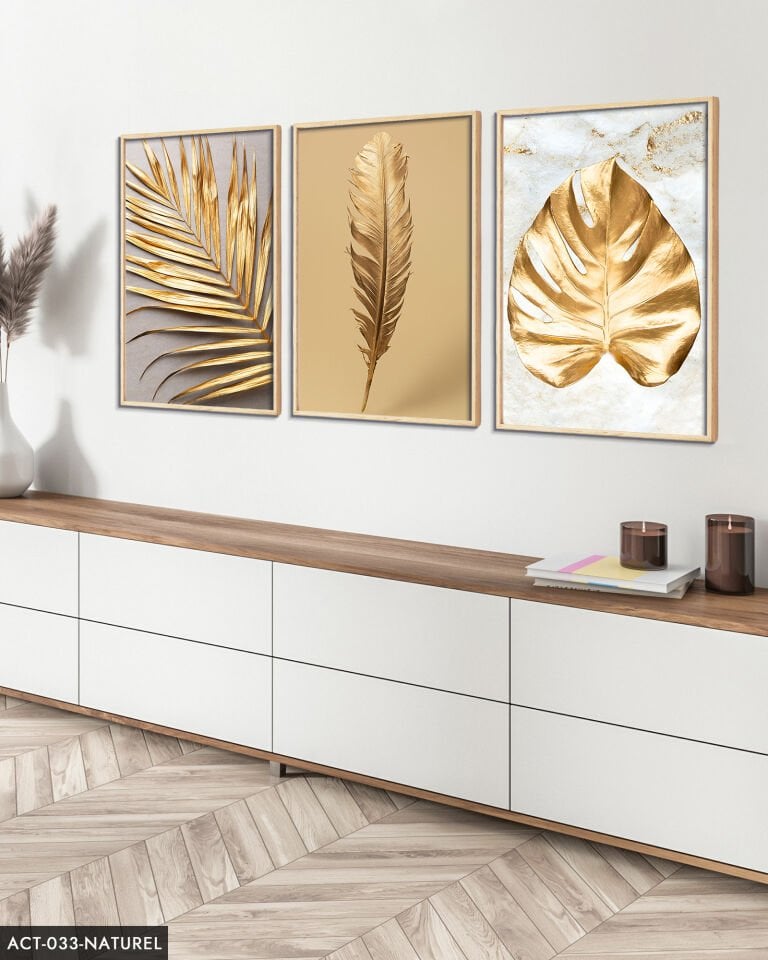 Gold Yaprak Tüy 3 Parça Ahşap Çerçeveli Tablo ACT Naturel - 40 x 60 CM