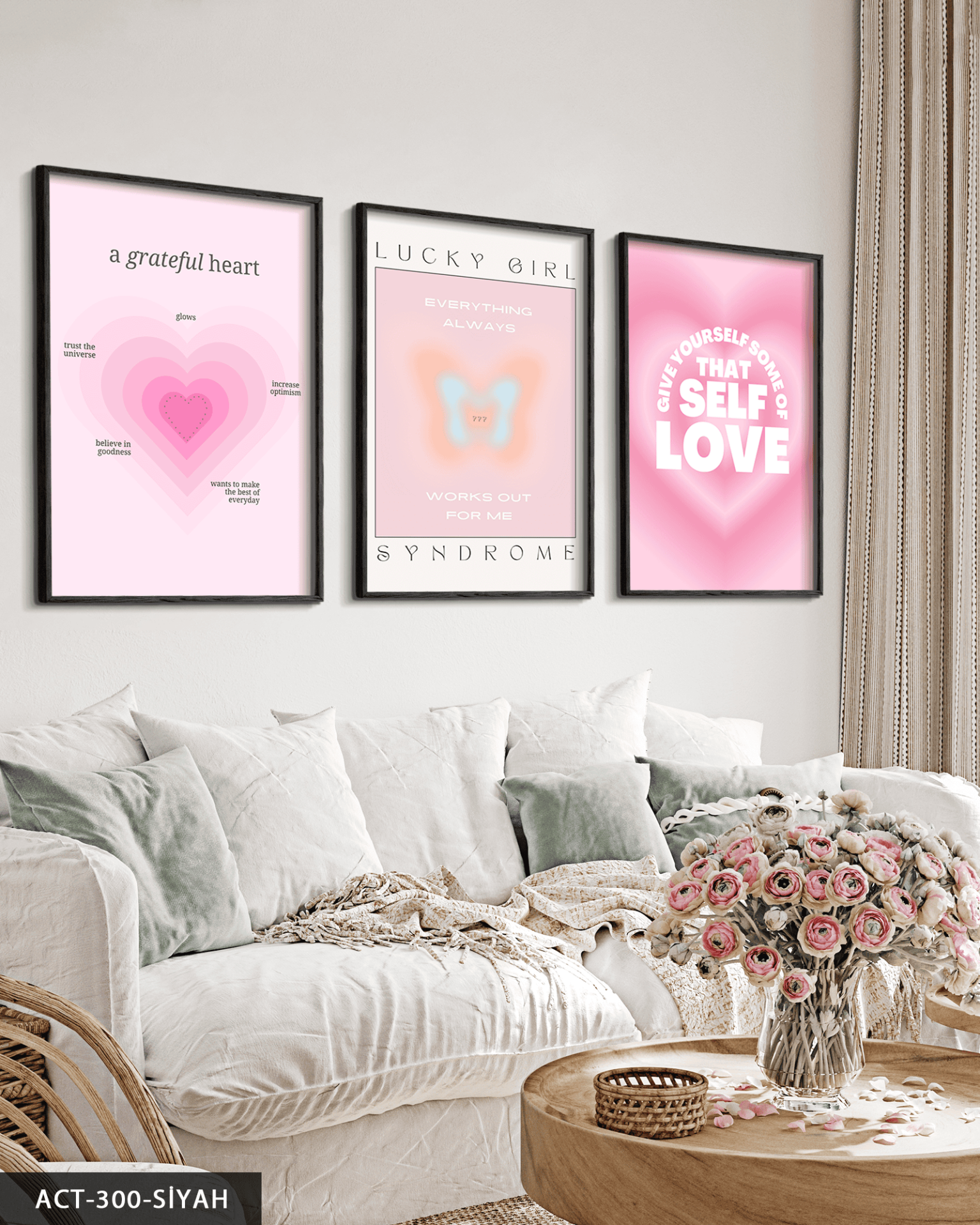 Kalp Temalı 3 Parça Ahşap Çerçeveli Tablo ACT Siyah - 50 x 70 CM