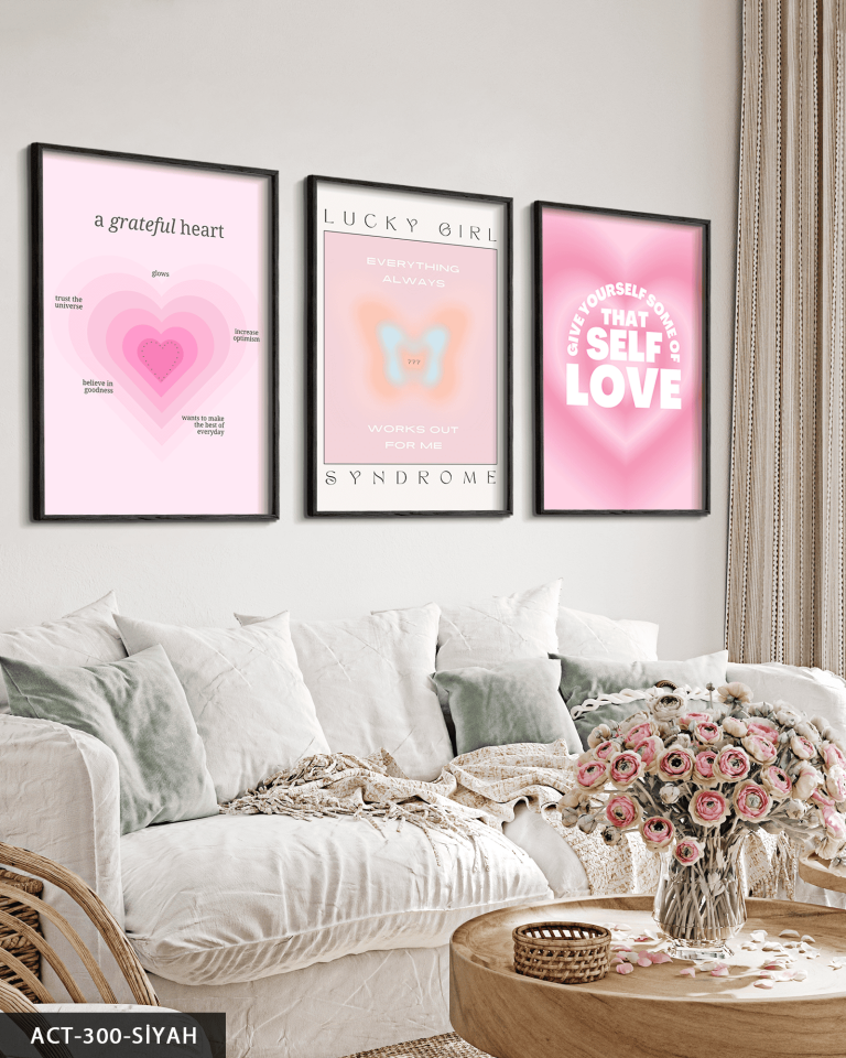 Kalp Temalı 3 Parça Ahşap Çerçeveli Tablo ACT Siyah - 50 x 70 CM