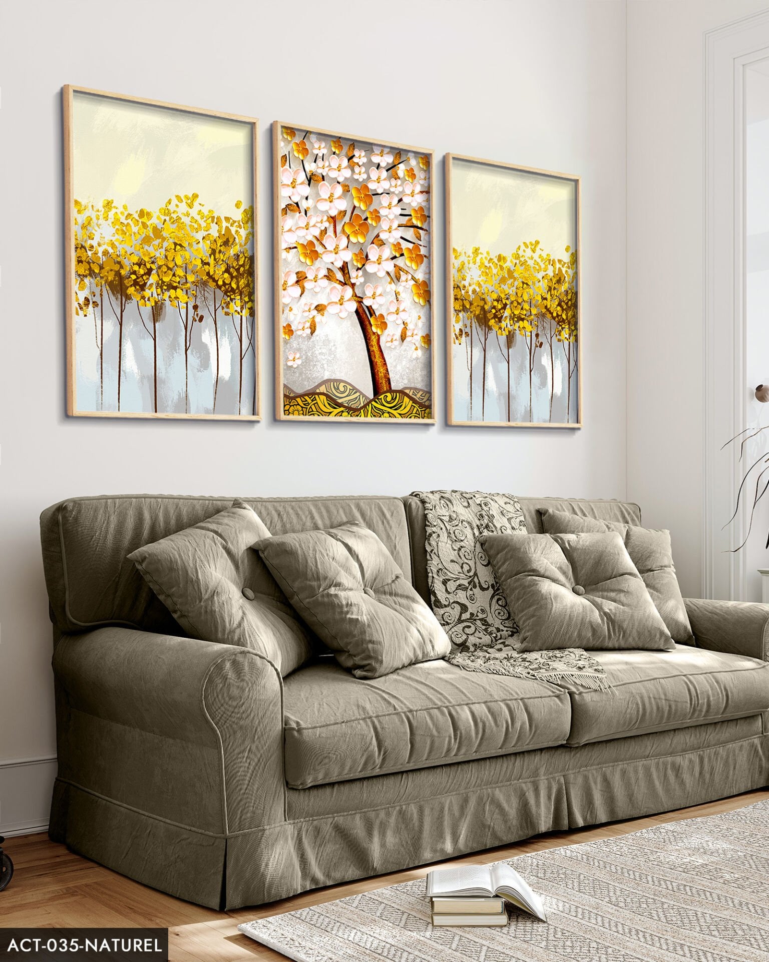 Mavi Çiçek Sulu Boya Görünümlü 3 Parça Ahşap Çerçeveli Tablo ACT Naturel - 40 x 60 CM