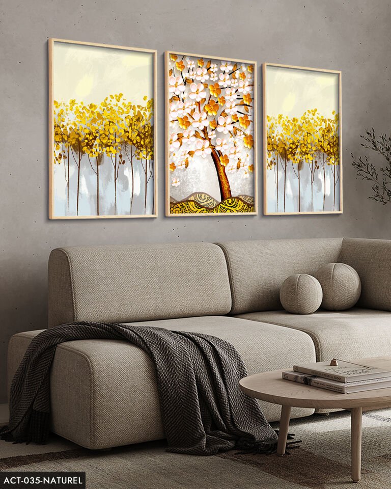 Mavi Çiçek Sulu Boya Görünümlü 3 Parça Ahşap Çerçeveli Tablo ACT Naturel - 40 x 60 CM