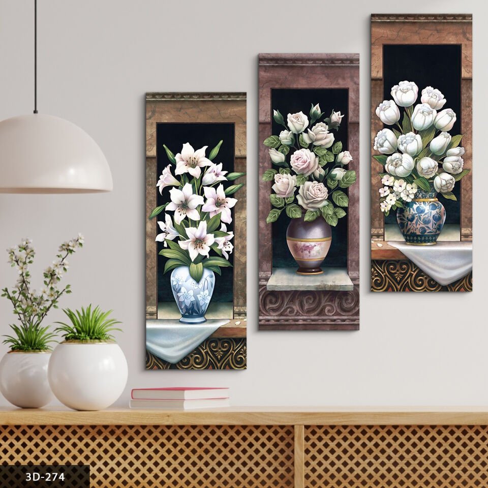 Vazoda Çiçekler 3 Parça Mdf Tablo