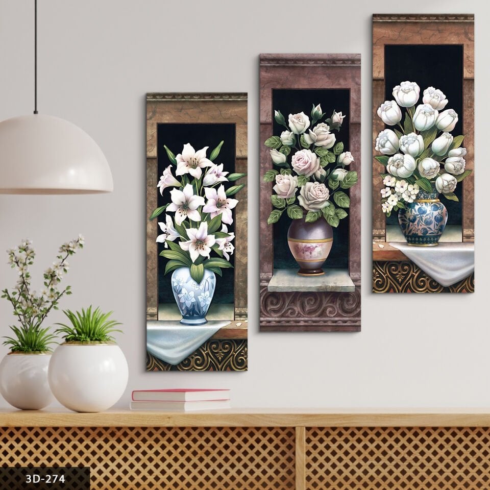 Vazoda Çiçekler 3 Parça Mdf Tablo