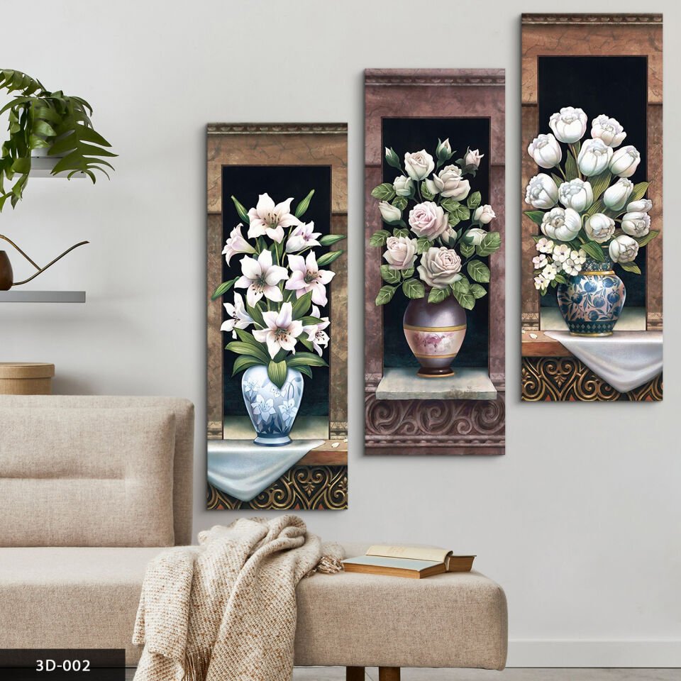 Vazoda Çiçekler 3 Parça Mdf Tablo