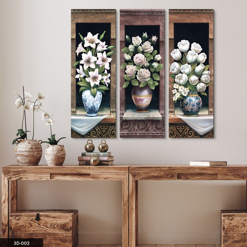 Vazoda Çiçekler 3 Parça Mdf Tablo