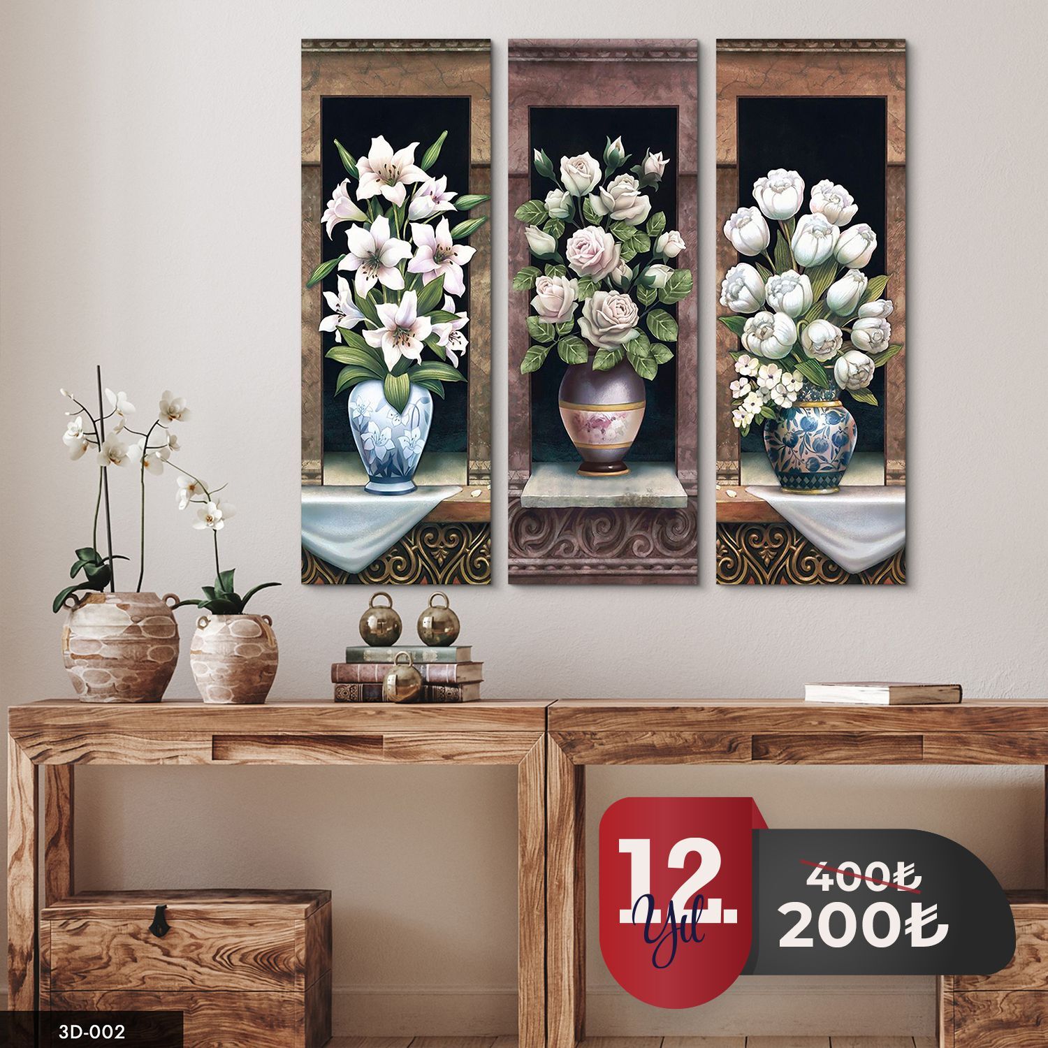 Vazoda Çiçekler 3 Parça Mdf Tablo