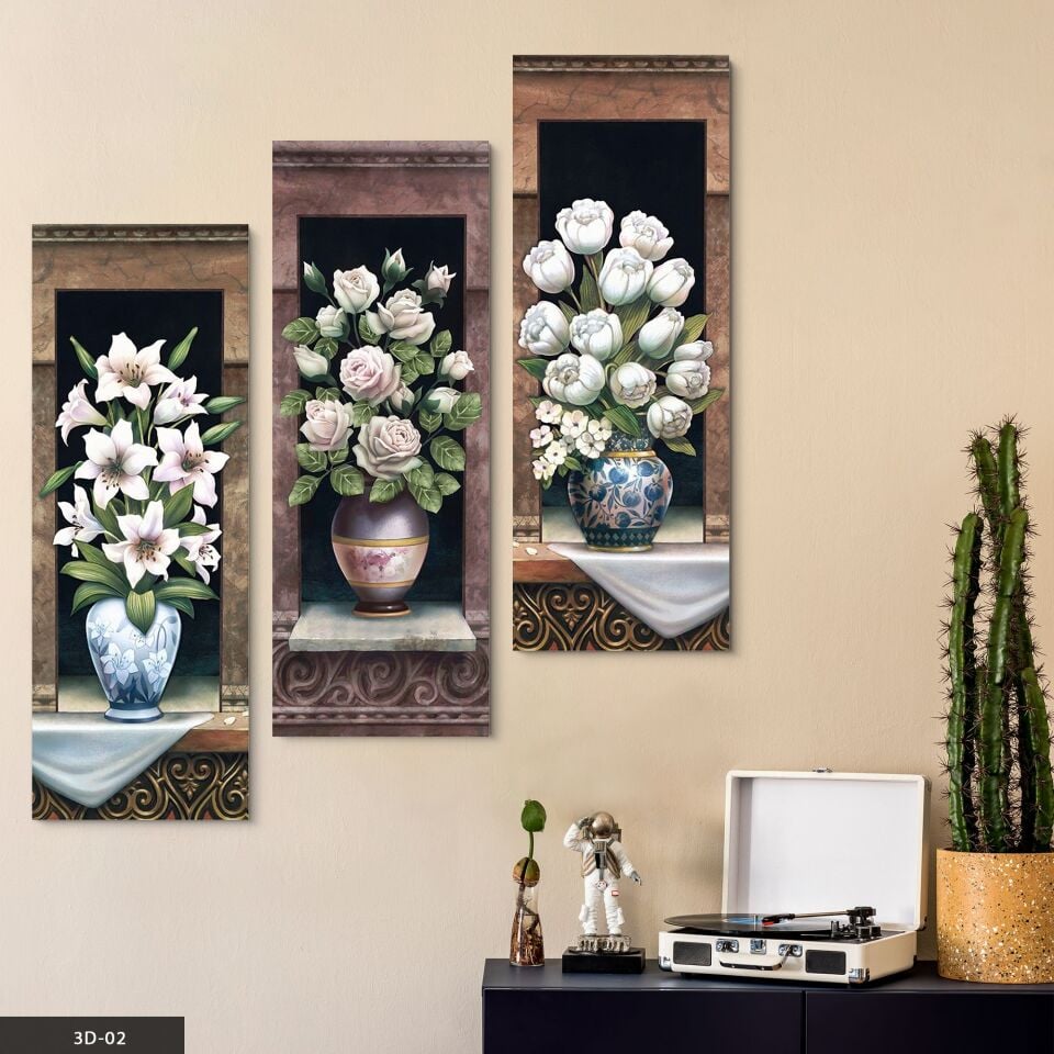 Vazoda Çiçekler 3 Parça Mdf Tablo