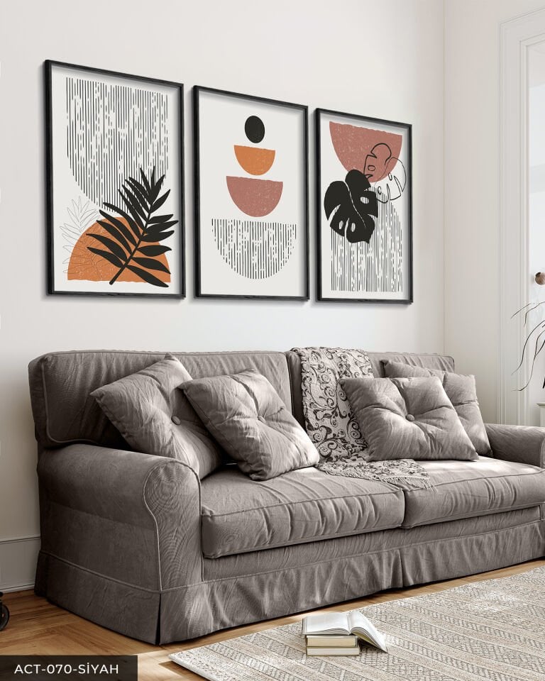 Soyut Yaprak Çiçekler 3 Parça Ahşap Çerçeveli Tablo Siyah - 50 x 70 CM