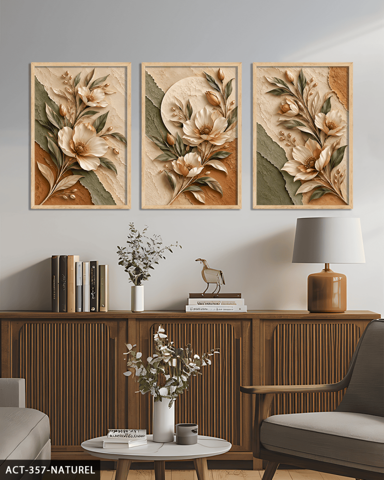 Dokulu Görünüm Soft Renkli Çiçek 3 Parça Ahşap Çerçeveli Tablo ACT Naturel - 30 x 40 CM