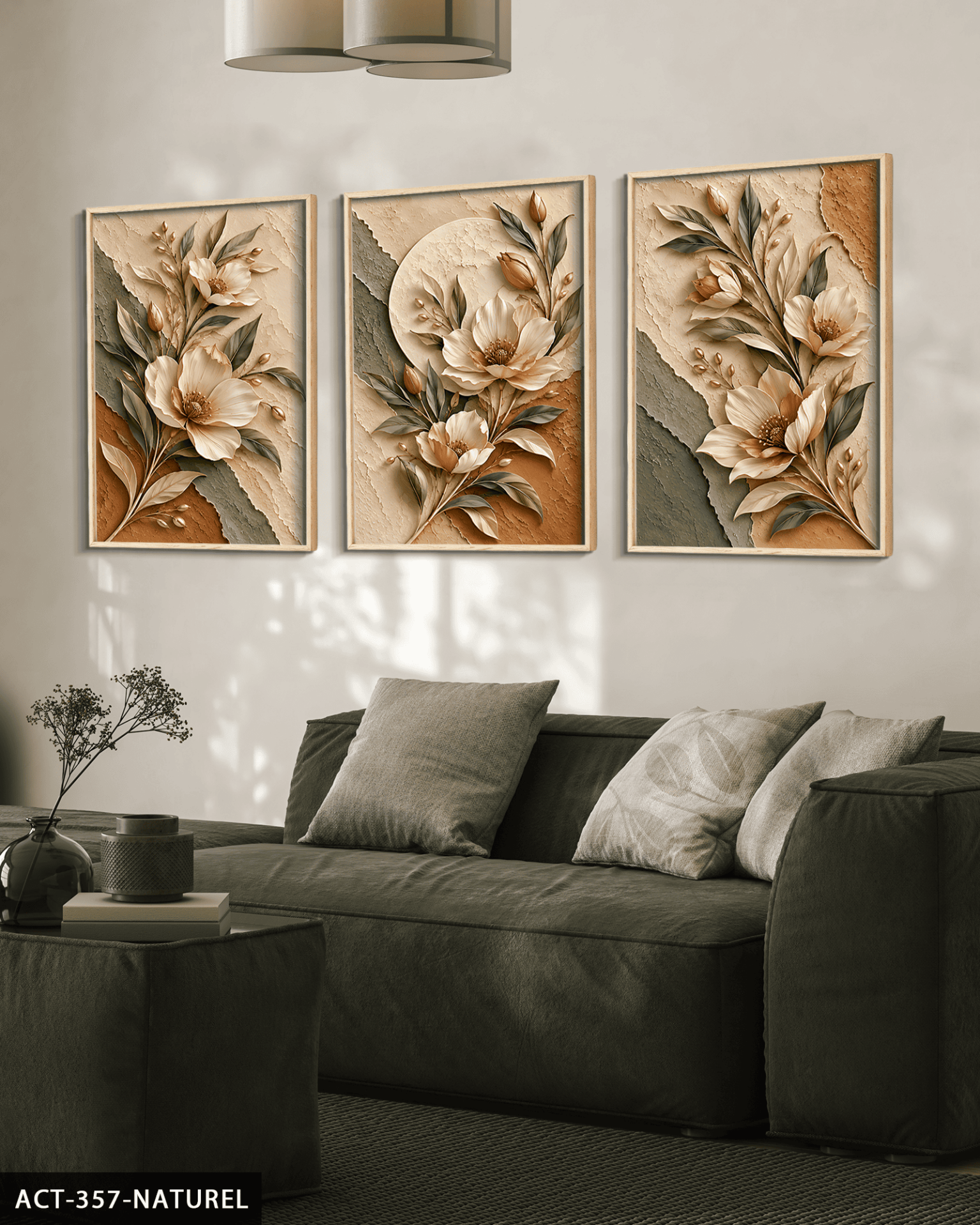 Dokulu Görünüm Soft Renkli Çiçek 3 Parça Ahşap Çerçeveli Tablo ACT Naturel - 30 x 40 CM