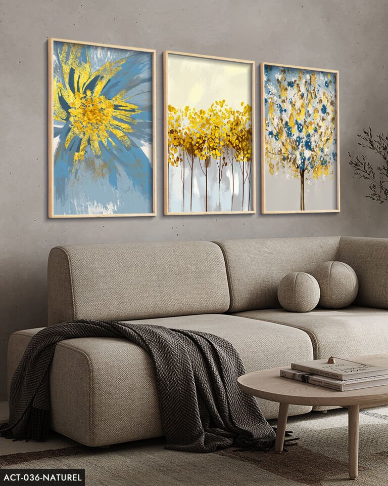 Mavi Çiçek Sulu Boya Görünümlü 3 Parça Ahşap Çerçeveli Tablo ACT Naturel - 40 x 60 CM