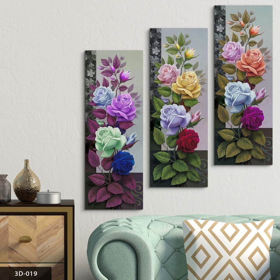 Renkli Güller 3 Parça Mdf Tablo