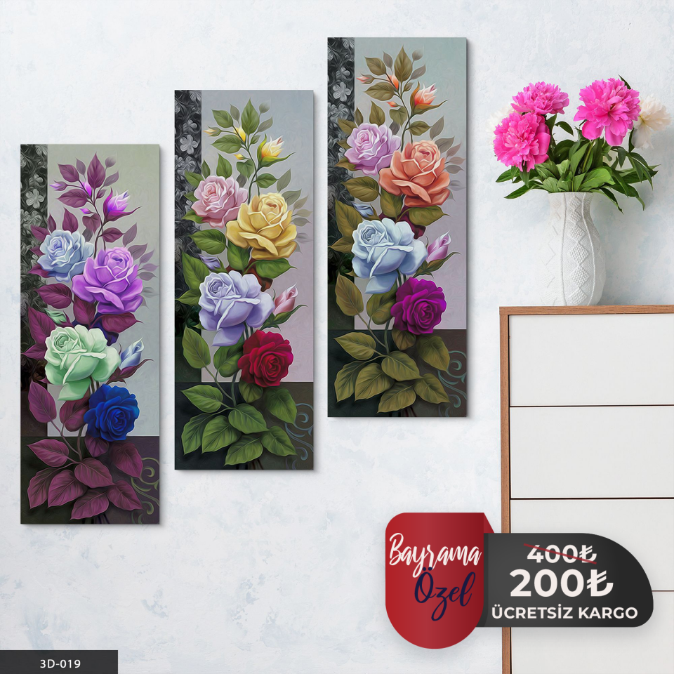 Renkli Güller 3 Parça Mdf Tablo