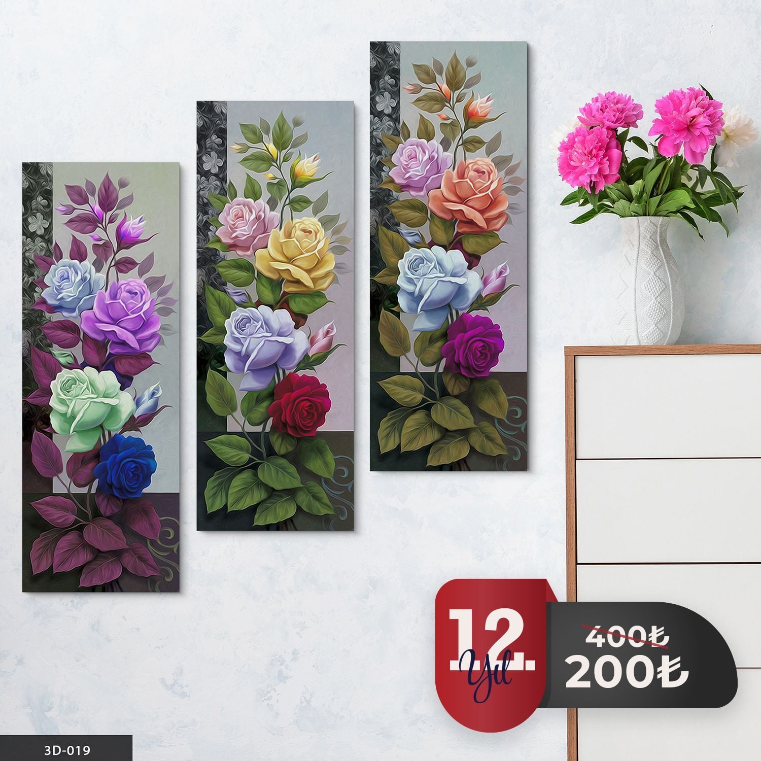 Renkli Güller 3 Parça Mdf Tablo