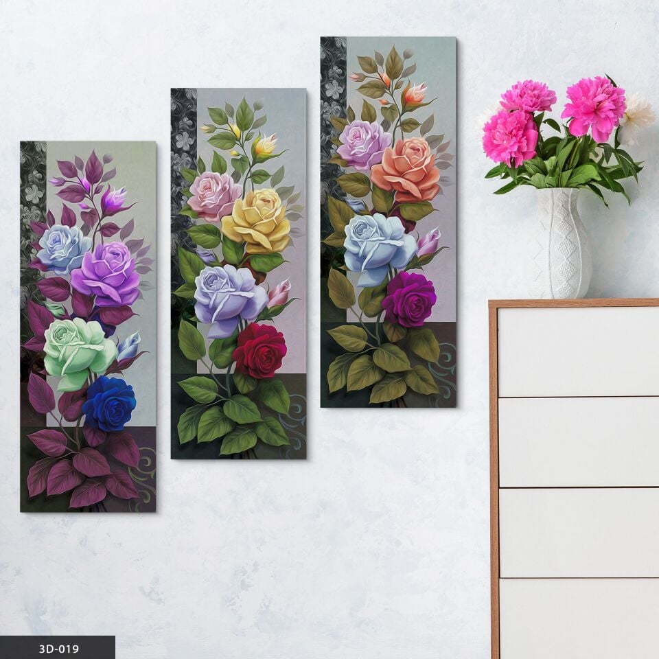Renkli Güller 3 Parça Mdf Tablo
