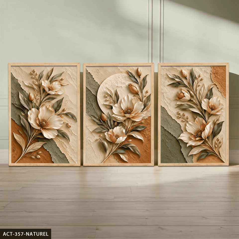 Dokulu Görünüm Soft Renkli Çiçek 3 Parça Ahşap Çerçeveli Tablo ACT Naturel - 40 x 60 CM