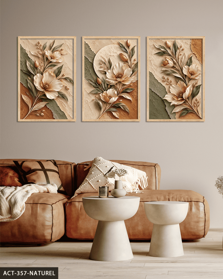 Dokulu Görünüm Soft Renkli Çiçek 3 Parça Ahşap Çerçeveli Tablo ACT Naturel - 40 x 60 CM