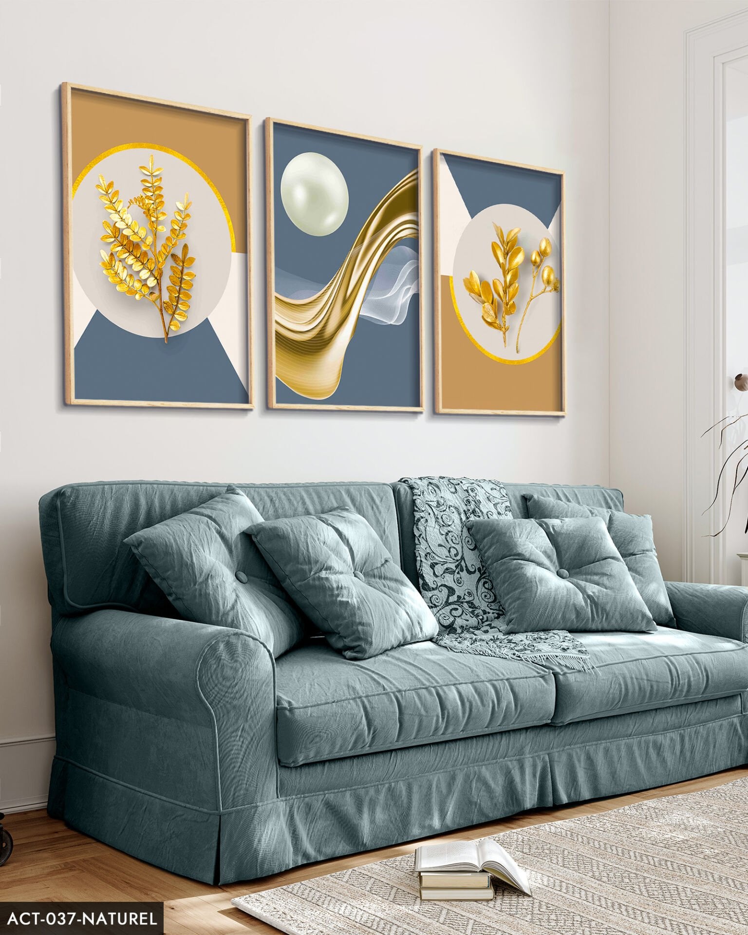 Gold Desenler Yaprak Tüy 3 Parça Ahşap Çerçeveli Tablo ACT Naturel - 40 x 60 CM