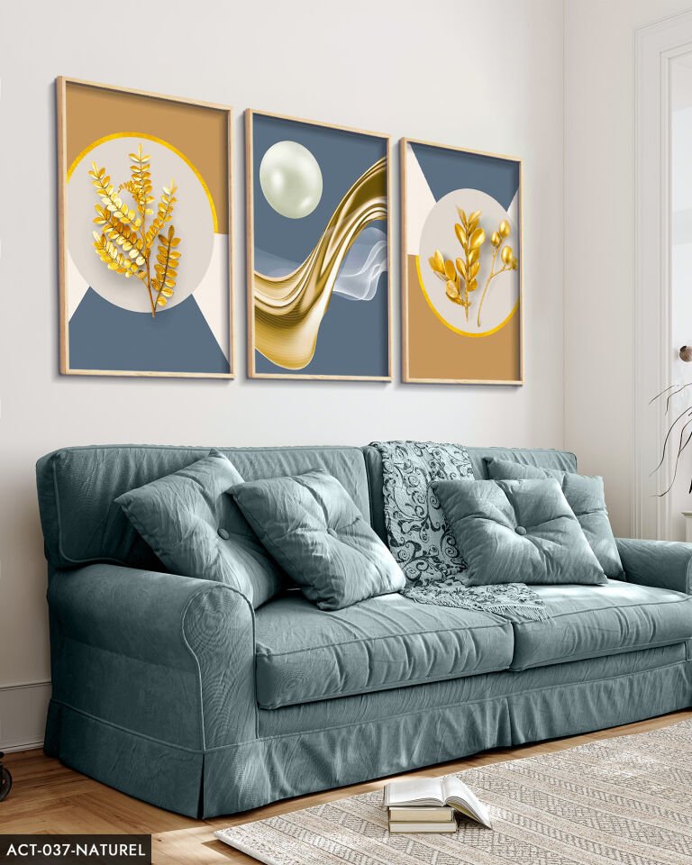 Gold Desenler Yaprak Tüy 3 Parça Ahşap Çerçeveli Tablo ACT Naturel - 40 x 60 CM